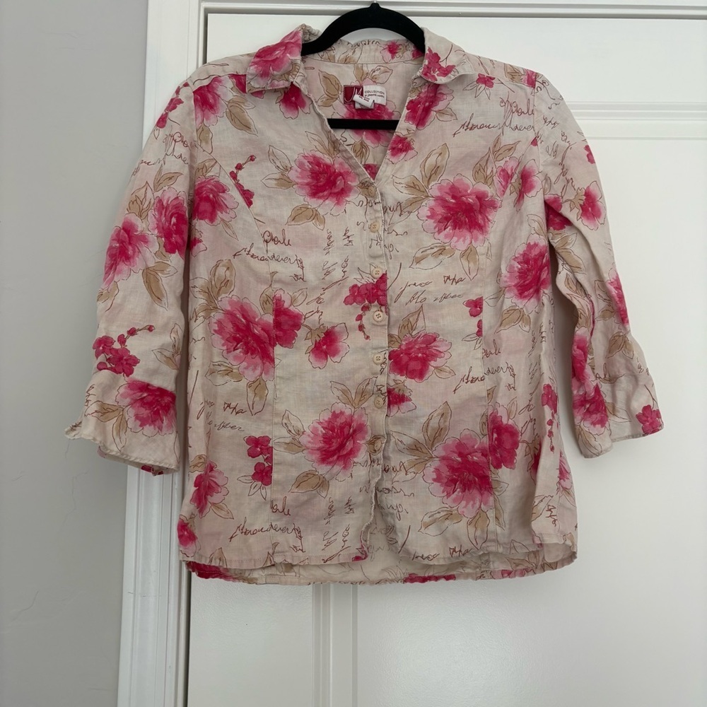 Linen Floral Button-Up Blouse